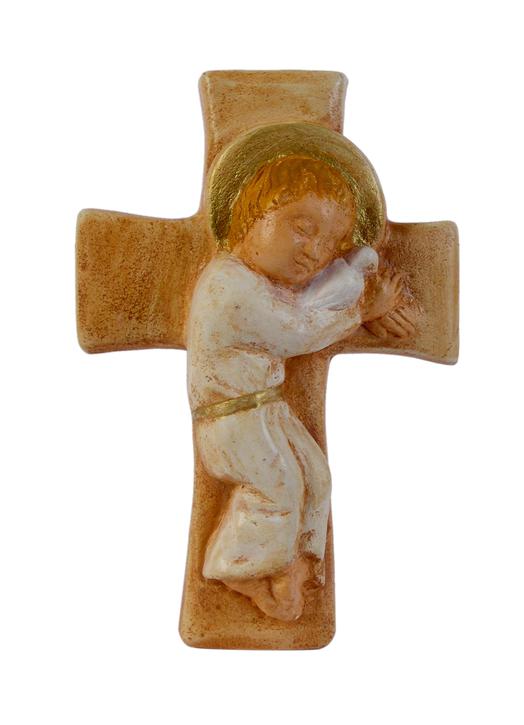 Enfant-Jésus sur croix (polychrome), 12,3 cm (Vue de face)