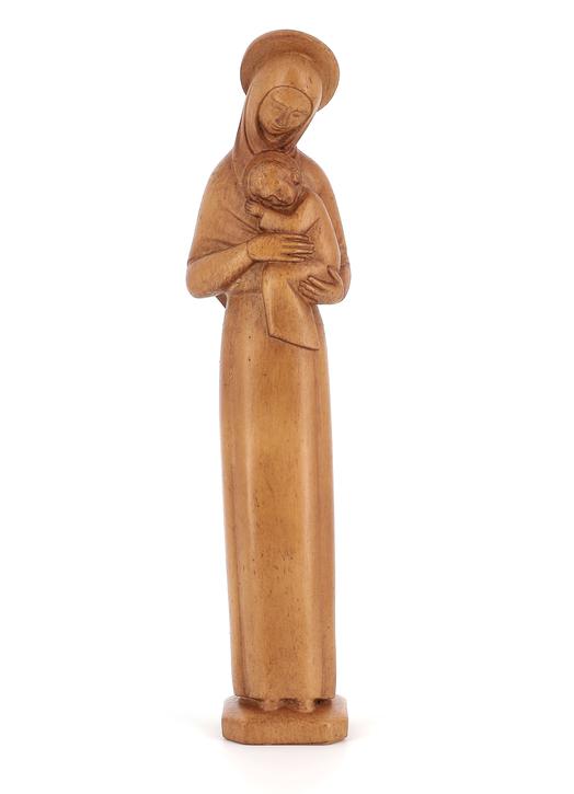 Statue de la Vierge Mère auréolée en bois clair, 20 cm (Vue de face)