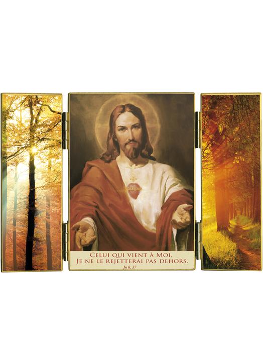 Triptych of The Sacred Heart and light of autumn with a quote in French - Christian shop