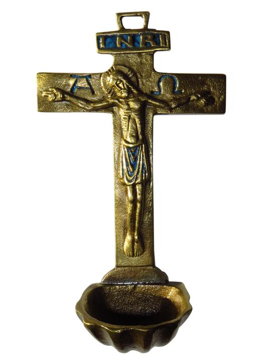 Crucifix-stoup out of enamelled bronze, 16 cm (Vue de face)