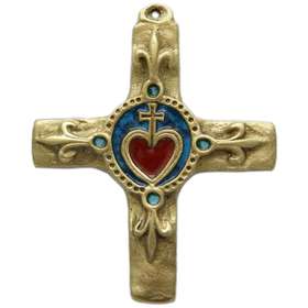 Croix bronze émaillé avec Sacré-Coeur et fleur de lys - 11, 5 cm