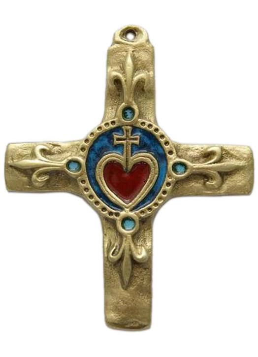 Croix bronze émaillé avec Sacré-Coeur et fleur de lys - 11, 5 cm