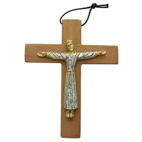 Christ bronze émaillé en robe monté sur bois - 19 cm