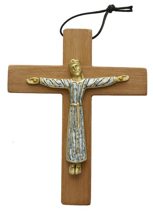 Christ bronze émaillé en robe monté sur bois - 19 cm