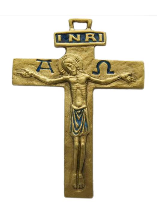 Crucifix bronze émaillé avec Alpha et Omega - 13 cm