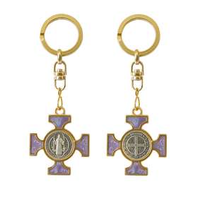 Enamel Saint Benedict keychain - beaded purple