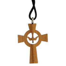 varnished wooden cross pendentive with dove
