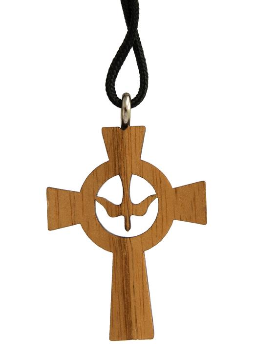 varnished wooden cross pendentive with dove