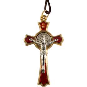 croix pendentif de saint Benoît métal rouge et doré - 5,4 cm (Recto)
