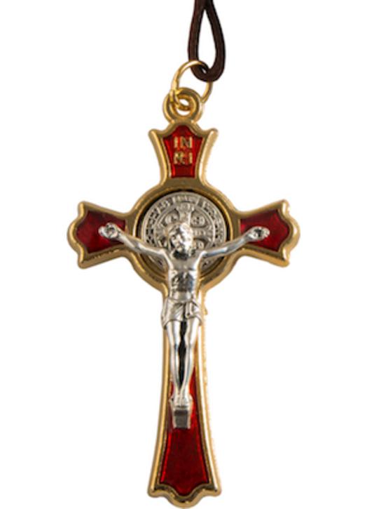 croix pendentif de saint Benoît métal rouge et doré - 5,4 cm (Recto)