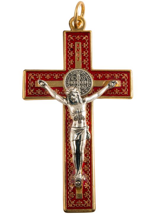 petit crucifix saint Benoît métal rouge et doré - 8 cm (Vue de face)