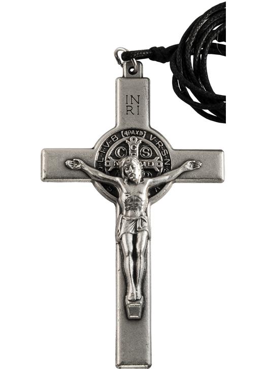 croix pendentif de Saint Benoît,  métal argenté - 7,8 cm
