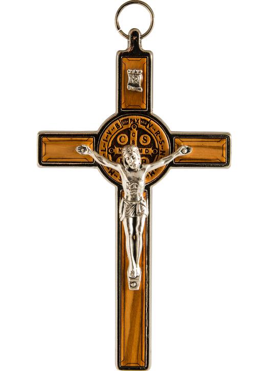 Crucifijo de madera y metal de San Benito (recto)
