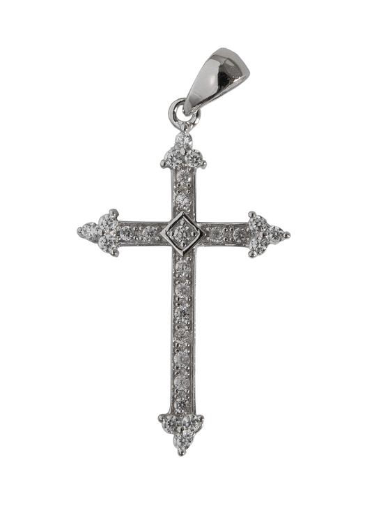 Fleur-de-lysée cross pendentive in rhodium silver with rhinestones Fleur-de-lysée cross pendentive in rhodium silver with rhinestones