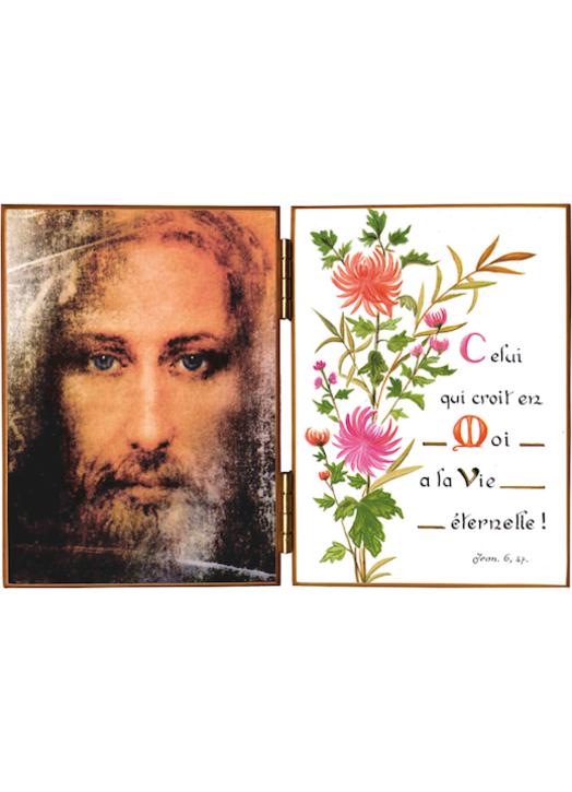 Face of Jesus and a quotation from Saint John VI, 47