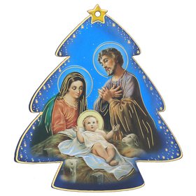 Nativity icon in the shape of fir tree, blue background