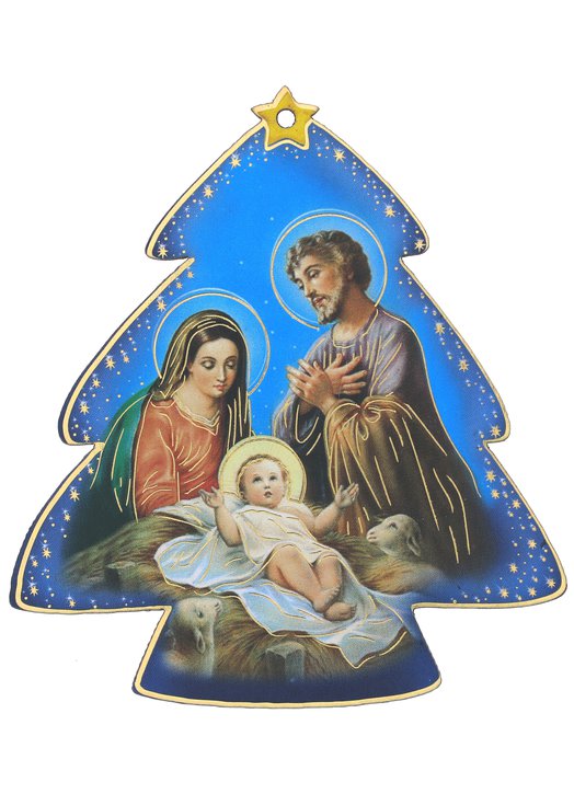 Nativity icon in the shape of fir tree, blue background