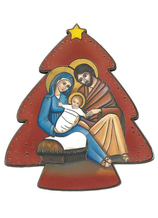 Nativity icon in the shape of fir tree, red background Nativity icon in the shape of fir tree, red background