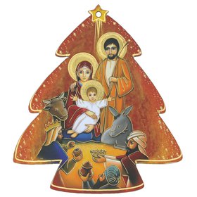 Christmas decoration, crib with mages in the shape of fir tree