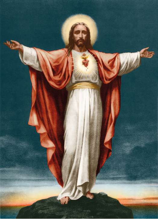 Icono del Sagrado Corazón, brazos extendidos, en color