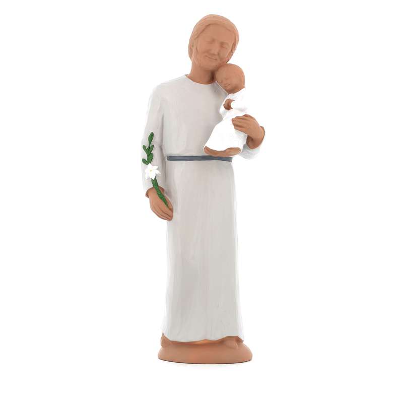 Statue de saint Joseph au lys avec L'Enfant Jésus (polychrome) - 29 cm