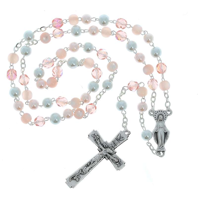 Glass rosary, soft pink beads