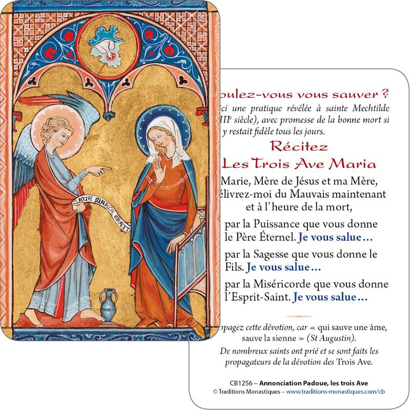 Tarjeta-rezo de Anunciación del Salterio de Padua y las 3 Avemarías (Recto-Verso)