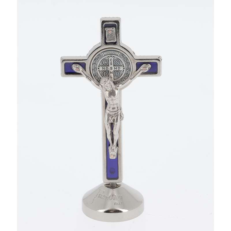 Crucifix de Saint Benoît sur pied, résine bleue - 88 mm