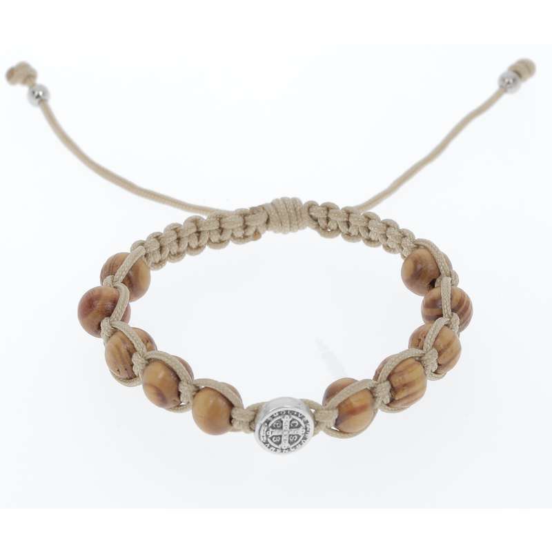 Brown bracelet - olive wood dizainier with 1 medallion of Saint Benedict (Vue générale)